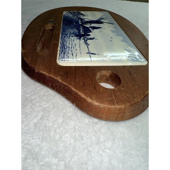 Delft Blue Windmill Cheese Board Charcuterie VTG Tile + Teak Wood Antique - Picture 10 of 16